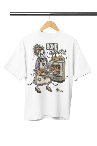 Damska Koszulka Oversize Halloween Szkielet Bone Appetit Biała 2