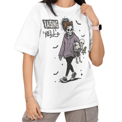 Damska Koszulka Oversize Halloween Raising Hell Mama Szkielet Biała 1