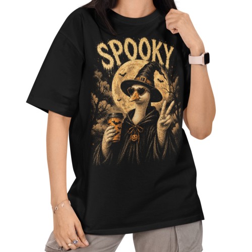 Damska Koszulka Oversize Halloween Spooky Gęś Czarownica Czarna 1