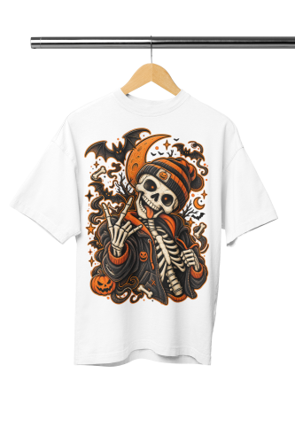 Damska Koszulka Oversize Halloween Szkielet Streetwear Biała 2