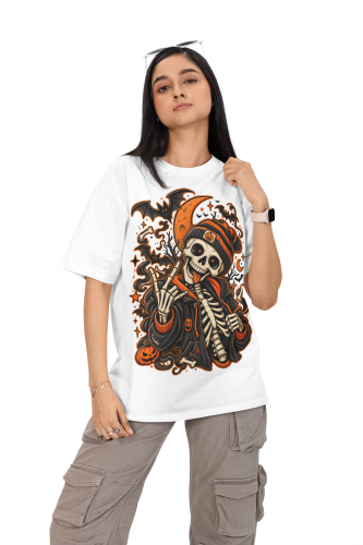 Damska Koszulka Oversize Halloween Szkielet Streetwear Biała 3