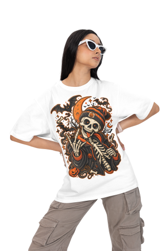 Damska Koszulka Oversize Halloween Szkielet Streetwear Biała 5