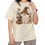 Damska Koszulka Oversize Halloween Duch Czarownica Kot Waniliowa