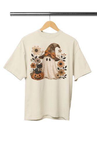 Damska Koszulka Oversize Halloween Duch Czarownica Kot Waniliowa 2