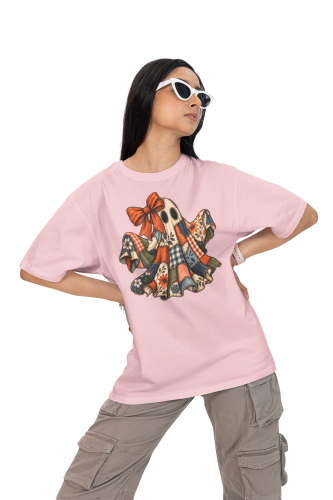 Damska Koszulka Oversize Halloween Patchwork Duch Kokarda Różowa 5