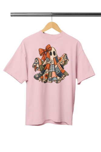 Damska Koszulka Oversize Halloween Patchwork Duch Kokarda Różowa 2