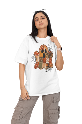 Damska Koszulka Oversize Halloween Duch Patchwork Pajęczyna Biała 3