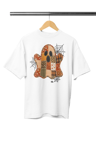 Damska Koszulka Oversize Halloween Duch Patchwork Pajęczyna Biała 2