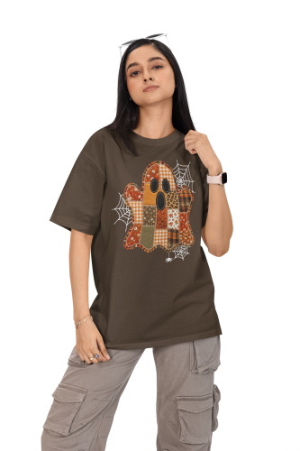Damska Koszulka Oversize Halloween Patchwork Duch Czekoladowa 3