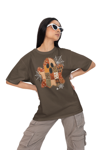 Damska Koszulka Oversize Halloween Patchwork Duch Czekoladowa 5