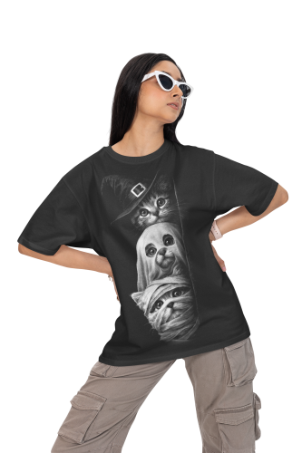 Damska Koszulka Oversize Halloween Koty Duch Mumia Czarownica Czarna 5