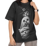 Damska Koszulka Oversize Halloween Koty Duch Mumia Czarownica Czarna