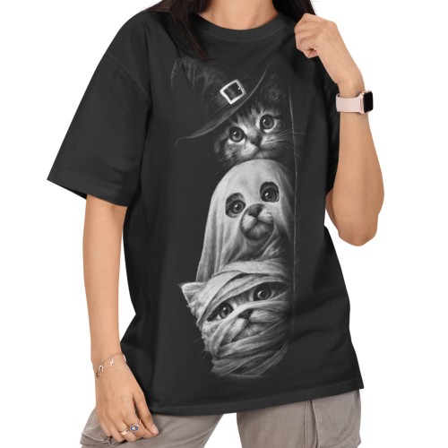 Damska Koszulka Oversize Halloween Koty Duch Mumia Czarownica Czarna 