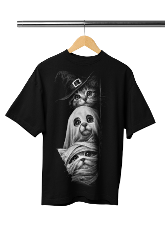 Damska Koszulka Oversize Halloween Koty Duch Mumia Czarownica Czarna 2