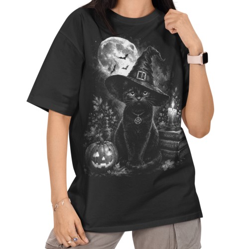 Damska Koszulka Oversize Halloween Czarny Kot Czarownica Czarna 