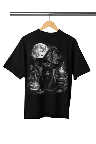 Damska Koszulka Oversize Halloween Czarny Kot Czarownica Czarna 2