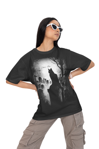 Damska Koszulka Oversize Halloween Czarny Kot Cmentarz Czarna 5