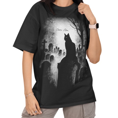Damska Koszulka Oversize Halloween Czarny Kot Cmentarz Czarna 1