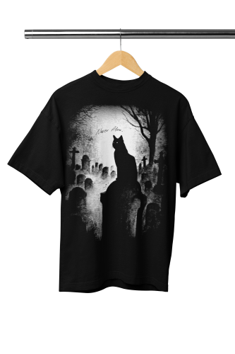 Damska Koszulka Oversize Halloween Czarny Kot Cmentarz Czarna 2