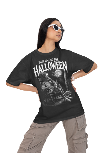 Damska Koszulka Oversize Halloween Szkielet Dynia Księżyc Czarna 5