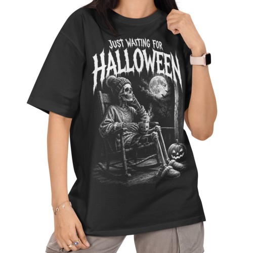 Damska Koszulka Oversize Halloween Szkielet Dynia Księżyc Czarna 