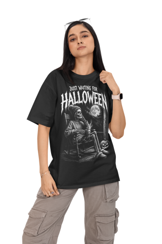 Damska Koszulka Oversize Halloween Szkielet Dynia Księżyc Czarna 3