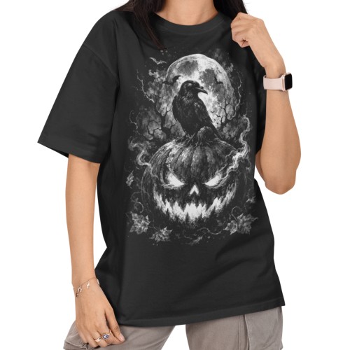 Damska Koszulka Oversize Halloween Kruk Dynia Jack O’Lantern Czarna 1
