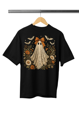 Damska Koszulka Oversize Halloween Duch Koronka Kwiaty Czarna 2