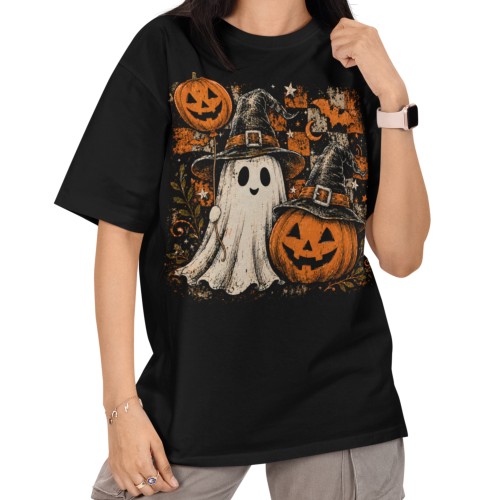 Damska Koszulka Oversize Halloween Duch Dynia Czarownica Czarna 