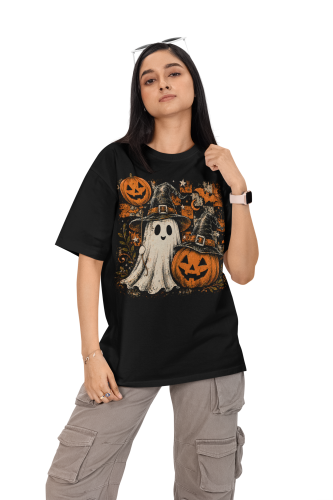Damska Koszulka Oversize Halloween Duch Dynia Czarownica Czarna 3