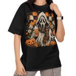 Damska Koszulka Oversize Halloween Maska Horror Dynie Czarna
