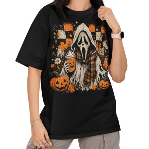 Damska Koszulka Oversize Halloween Maska Horror Dynie Czarna 1
