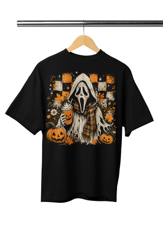 Damska Koszulka Oversize Halloween Maska Horror Dynie Czarna 2