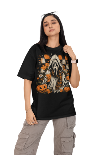 Damska Koszulka Oversize Halloween Maska Horror Dynie Czarna 3