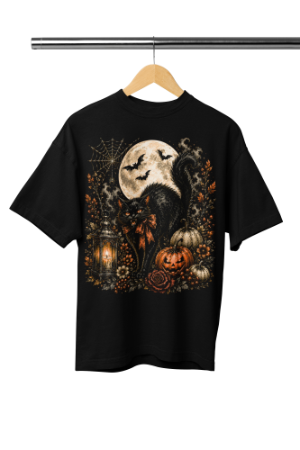 Damska Koszulka Oversize Halloween Czarny Kot Dynie Księżyc Czarna 2