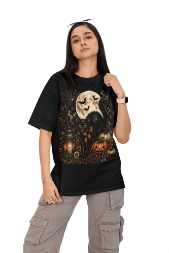 Damska Koszulka Oversize Halloween Czarny Kot Dynie Księżyc Czarna 3