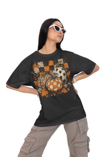 Damska Koszulka Oversize Jesienna Halloween Dynie Wzory Czarna 5