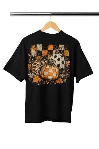 Damska Koszulka Oversize Jesienna Halloween Dynie Wzory Czarna 2