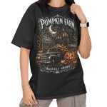 Damska Koszulka Oversize Halloween Pumpkin Farm Dynie Auto Czarna