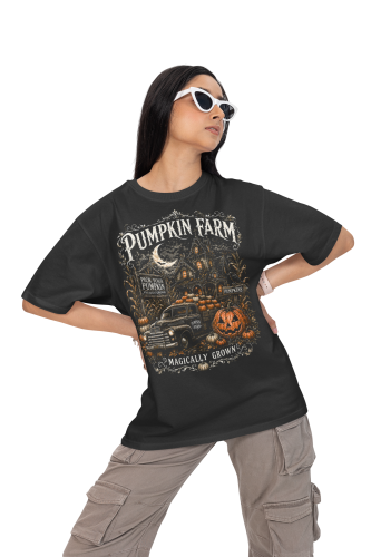 Damska Koszulka Oversize Halloween Pumpkin Farm Dynie Auto Czarna 5