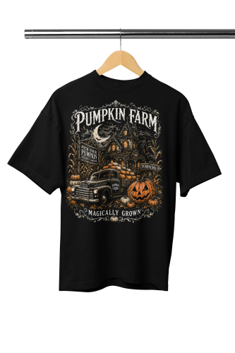 Damska Koszulka Oversize Halloween Pumpkin Farm Dynie Auto Czarna 2