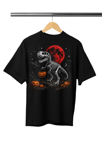 Damska Koszulka Oversize Halloween Dinozaur Szkielet Dynie Czarna 2