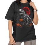 Damska Koszulka Oversize Halloween Dinozaur Szkielet Dynie Czarna
