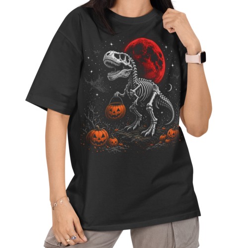 Damska Koszulka Oversize Halloween Dinozaur Szkielet Dynie Czarna 1