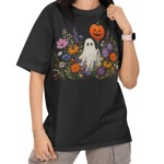 Damska Koszulka Oversize Halloween Duch Kwiaty Dynia Czarna