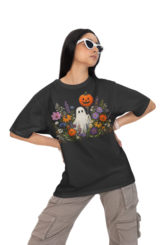 Damska Koszulka Oversize Halloween Duch Kwiaty Dynia Czarna 3