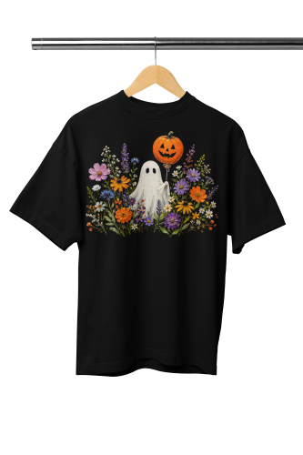 Damska Koszulka Oversize Halloween Duch Kwiaty Dynia Czarna 4