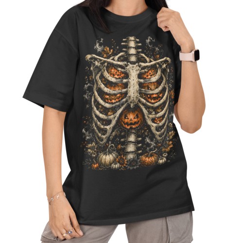 Damska Koszulka Oversize Halloween Szkielet Żebra Dynie Czarna 1