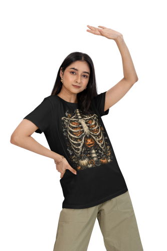 Damska Koszulka Oversize Halloween Szkielet Żebra Dynie Czarna 3