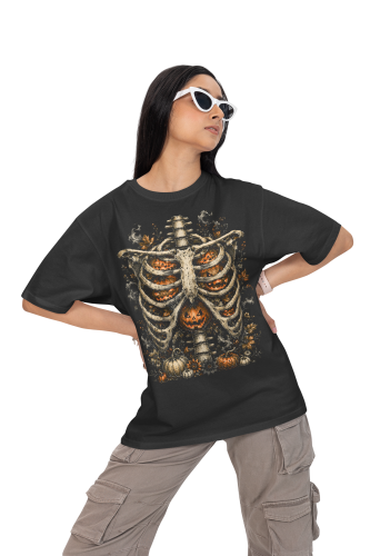 Damska Koszulka Oversize Halloween Szkielet Żebra Dynie Czarna 4